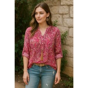 Chances R Womens Floral Pink Blouse‎ Tunic Harley Neck Roll Tab Sleeve Large